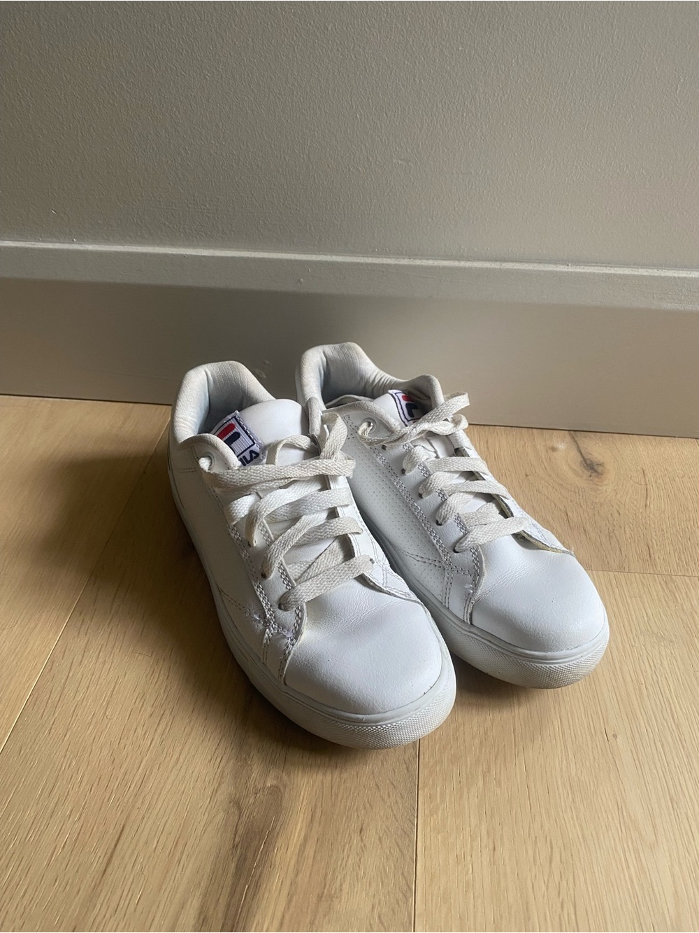 Fila White Leather Low-Top Sneakers with Navy & Red Logo